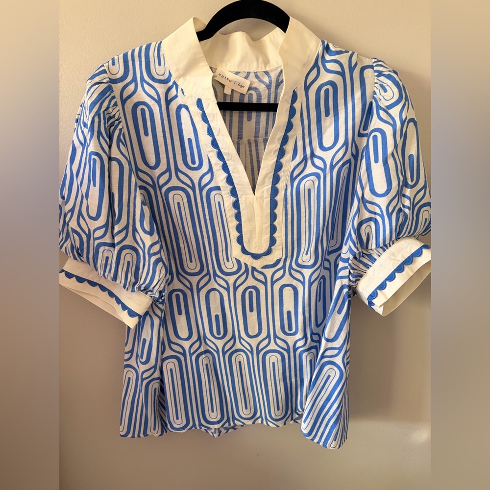entro Blue & White Geometric Cotton Popover Tunic